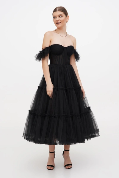 Shop Milla Black Ruffled Tulle Midi Dress