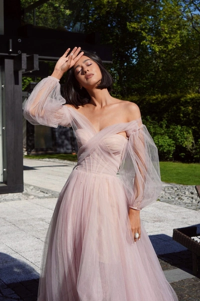 Milla Misty Rose Sheer Sleeves Maxi Tulle Dress In Misty Rose