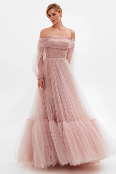 Shop Milla Misty Rose Sheer Sleeves Maxi Tulle Dress