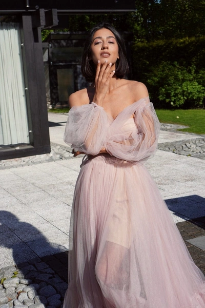 Shop Milla Misty Rose Sheer Sleeves Maxi Tulle Dress