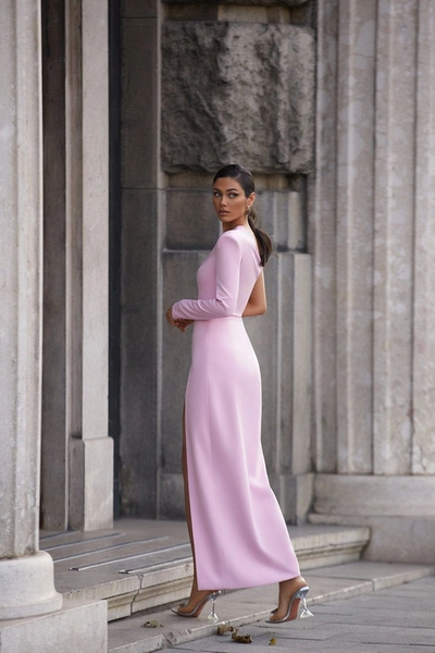 Milla Pink Long-sleeved Dress With Sharp Shoulder Cut In Pink