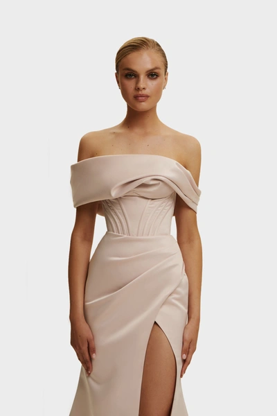 Milla Misty Rose Princess Strapless Gown With Thigh Slit In Misty Rose