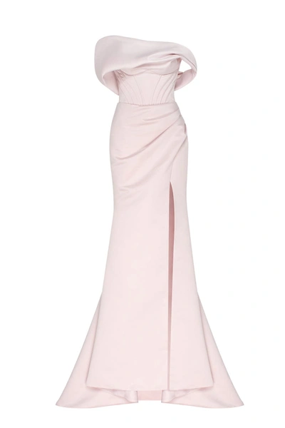 Milla Misty Rose Princess Strapless Gown With Thigh Slit In Misty Rose
