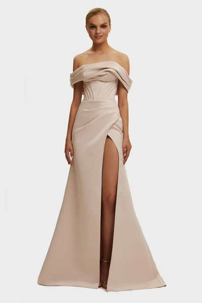 Milla Misty Rose Princess Strapless Gown With Thigh Slit In Misty Rose