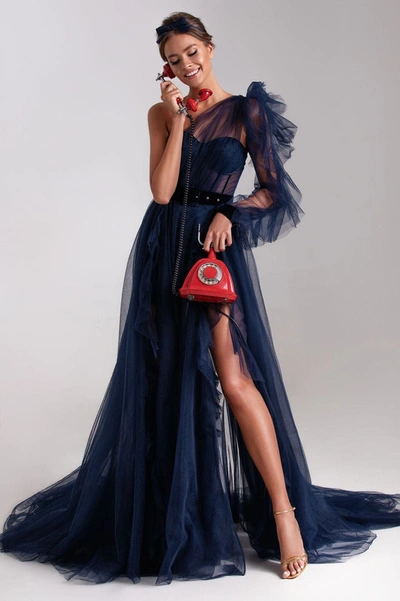 Milla Royal Navy Tulle Gown With Detachable Sleeve In Navy