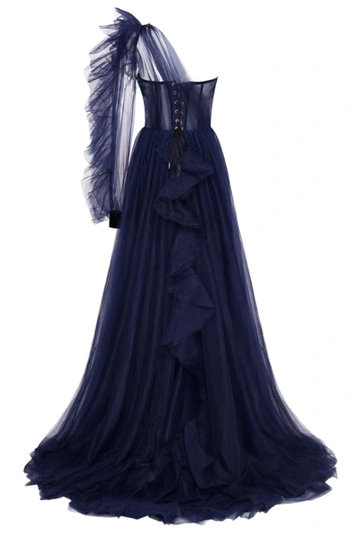 Milla Royal Navy Tulle Gown With Detachable Sleeve In Navy