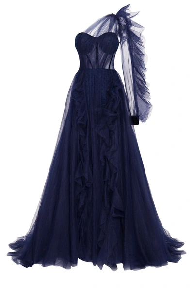Milla Royal Navy Tulle Gown With Detachable Sleeve In Navy