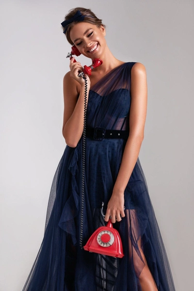 Milla Royal Navy Tulle Gown With Detachable Sleeve In Navy
