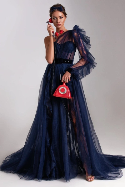 Milla Royal Navy Tulle Gown With Detachable Sleeve In Navy