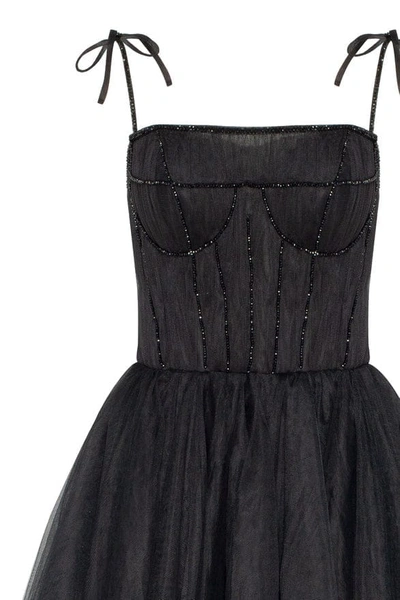 Milla Black Tie-strap Cocktail Dress With The Elegant Corset Embroidery In Black