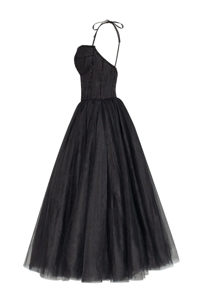 Milla Black Tie-strap Cocktail Dress With The Elegant Corset Embroidery In Black