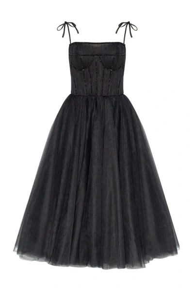 Milla Black Tie-strap Cocktail Dress With The Elegant Corset Embroidery In Black