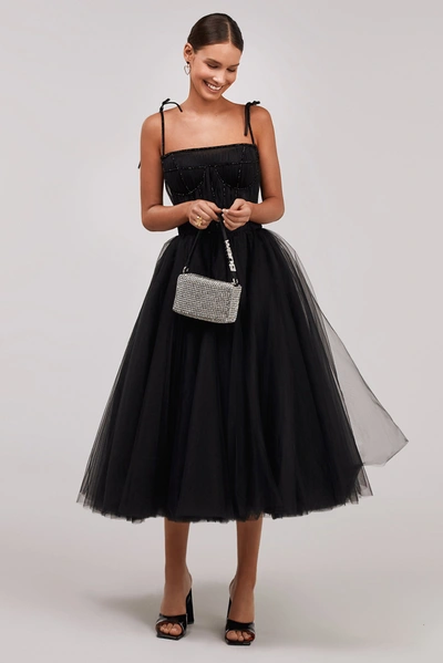 Milla Black Tie-strap Cocktail Dress With The Elegant Corset Embroidery In Black