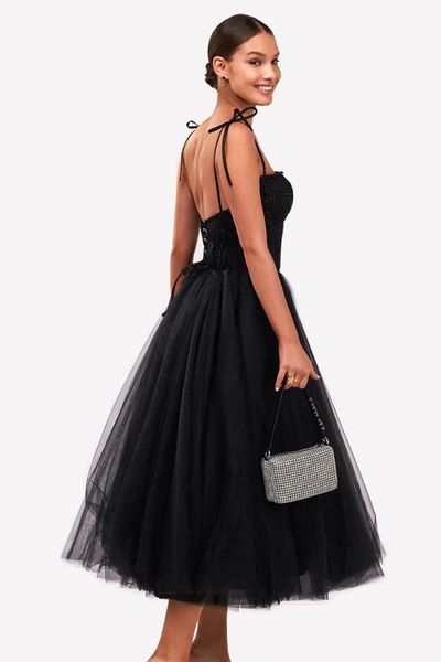 Milla Black Tie-strap Cocktail Dress With The Elegant Corset Embroidery In Black