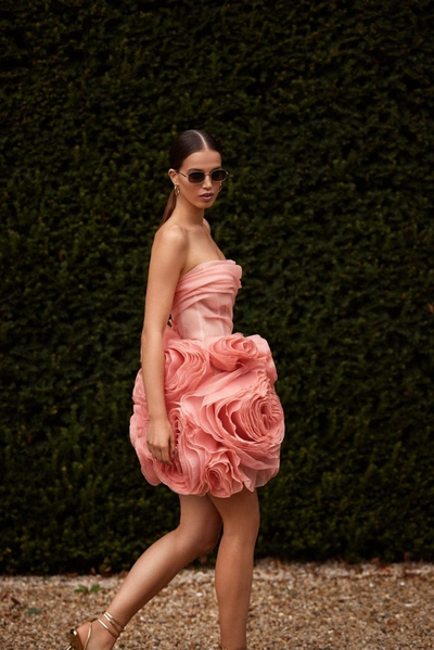 Milla Appliqud Organza Coral Mini Dress In Coral