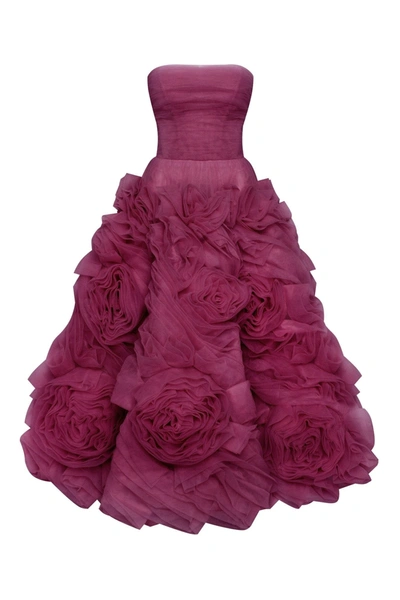Milla Dramatically Flowered Tulle Dress In Wine Color In Wine