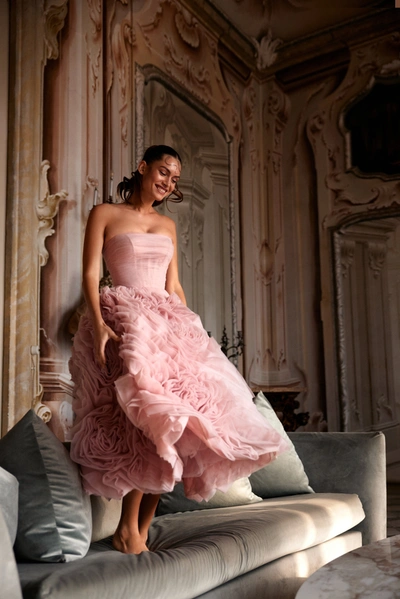Milla Dramatically Flowered Tulle Dress In Misty Pink In Misty Rose