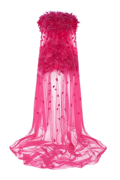 Shop Milla Epic Fuchsia Tulle Mini Dress With Floral And Feather Application