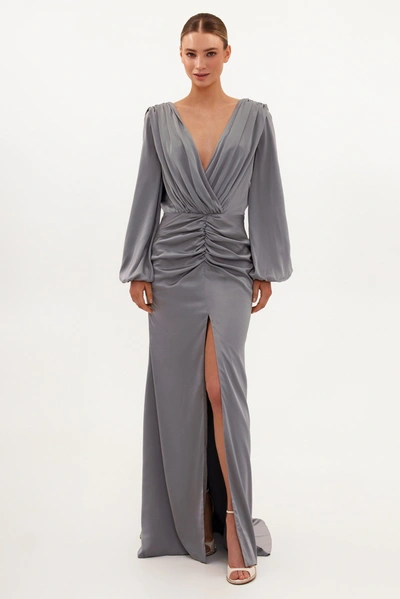 Milla Fancy Silver Silk Maxi Evening Dress In Olive