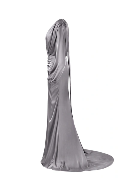 Shop Milla Fancy Silver Silk Maxi Evening Dress In Olive