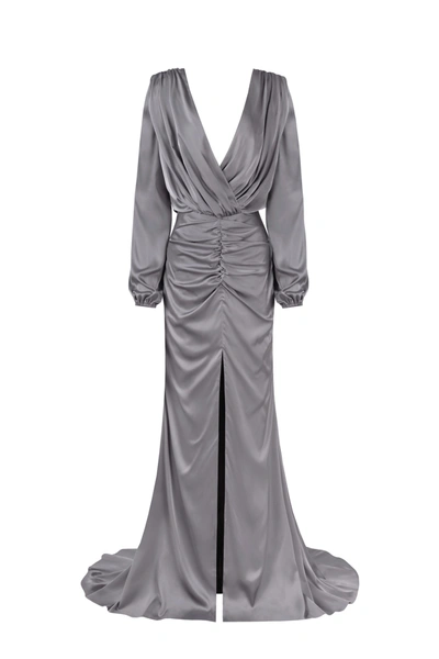 Shop Milla Fancy Silver Silk Maxi Evening Dress In Olive