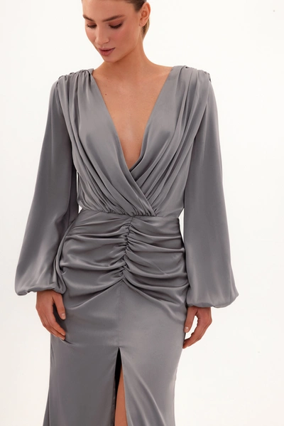 Milla Fancy Silver Silk Maxi Evening Dress In Olive