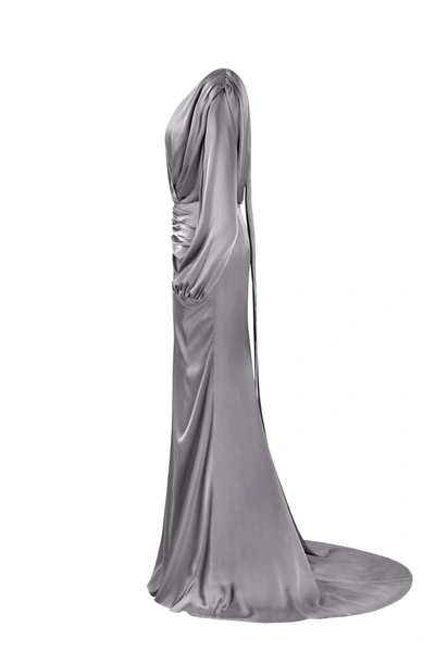 Milla Fancy Silver Silk Maxi Evening Dress In Olive