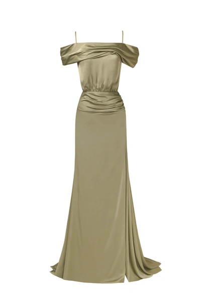 Shop Milla Elegant Olive Off-the-shoulder Silk Maxi Dress In Misty Rose