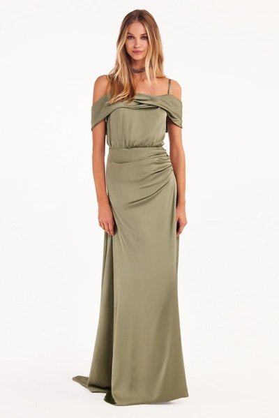Milla Elegant Olive Off-the-shoulder Silk Maxi Dress In Misty Rose