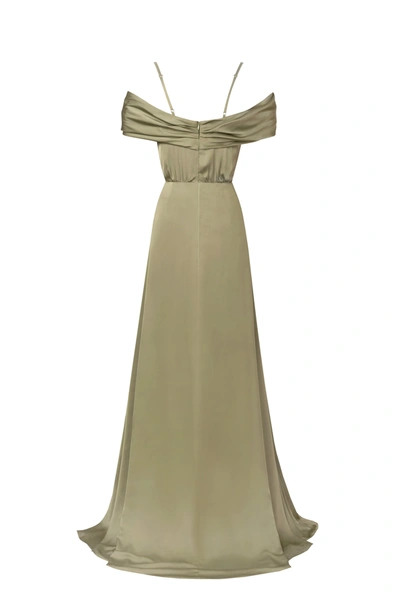 Milla Elegant Olive Off-the-shoulder Silk Maxi Dress In Misty Rose