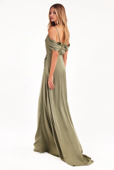 Milla Elegant Olive Off-the-shoulder Silk Maxi Dress In Misty Rose
