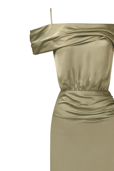 Milla Elegant Olive Off-the-shoulder Silk Maxi Dress In Misty Rose