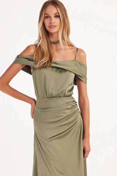 Milla Elegant Olive Off-the-shoulder Silk Maxi Dress In Misty Rose