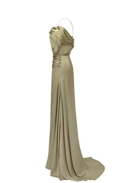 Milla Elegant Olive Off-the-shoulder Silk Maxi Dress In Misty Rose