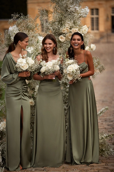 Milla Elegant Olive Off-the-shoulder Silk Maxi Dress In Misty Rose