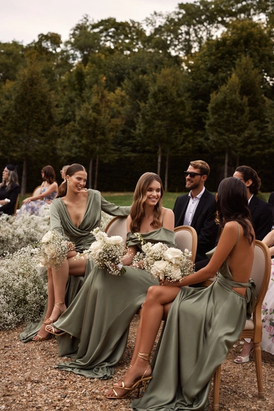 Milla Elegant Olive Off-the-shoulder Silk Maxi Dress In Misty Rose
