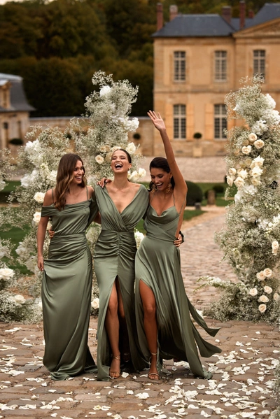 Milla Elegant Olive Off-the-shoulder Silk Maxi Dress In Misty Rose