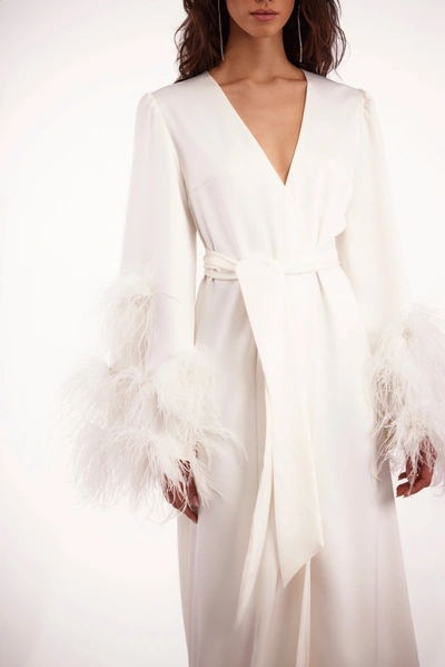 Milla Delicate Feather-trimmed Satin Robe In Ivory