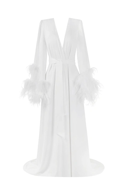 Shop Milla Delicate Feather-trimmed Satin Robe In Ivory