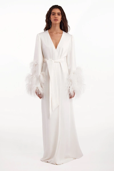 Milla Delicate Feather-trimmed Satin Robe In Ivory