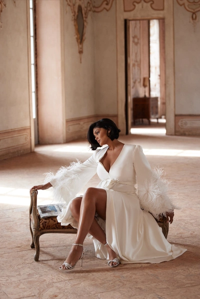 Milla Delicate Feather-trimmed Satin Robe In Ivory
