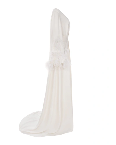 Milla Delicate Feather-trimmed Satin Robe In Ivory