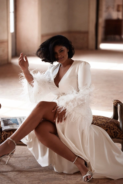 Milla Delicate Feather-trimmed Satin Robe In Ivory