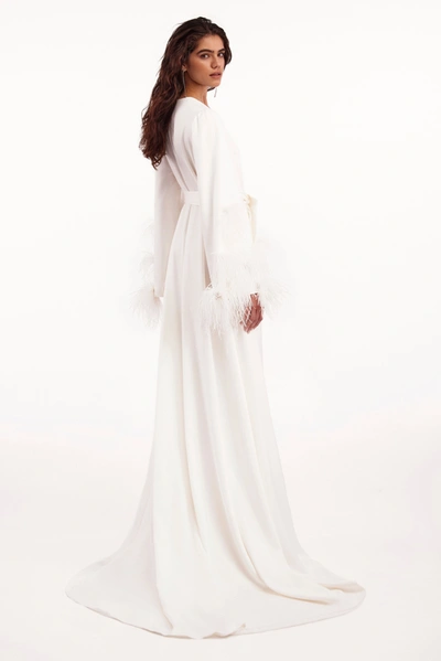 Milla Delicate Feather-trimmed Satin Robe In Ivory