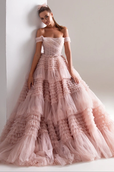 Milla Misty Rose Off-the-shoulder Frill-layered Gown In Misty Rose