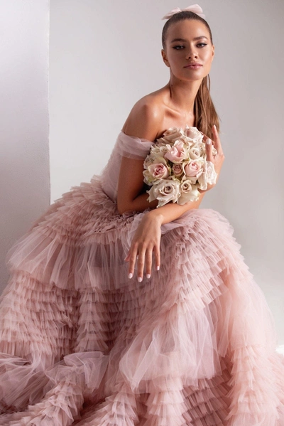 Milla Misty Rose Off-the-shoulder Frill-layered Gown In Misty Rose