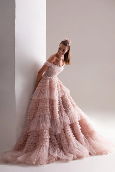 Milla Misty Rose Off-the-shoulder Frill-layered Gown In Misty Rose
