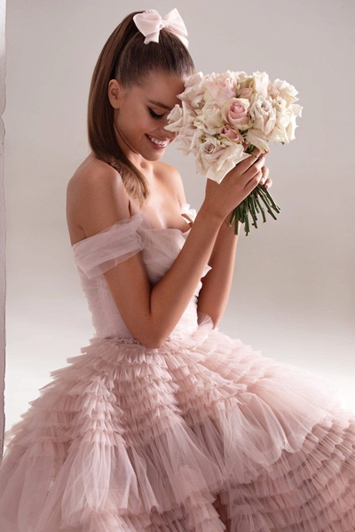 Milla Misty Rose Off-the-shoulder Frill-layered Gown In Misty Rose