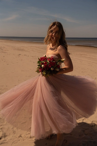Milla Misty Rose Strapless Puffy Midi Tulle Dress In Misty Rose