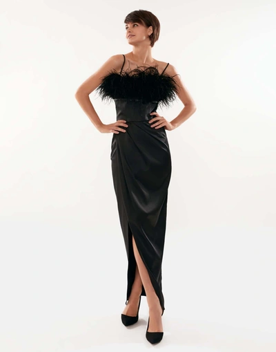 Shop Milla Black Celina Slip Midi Feathered Dress